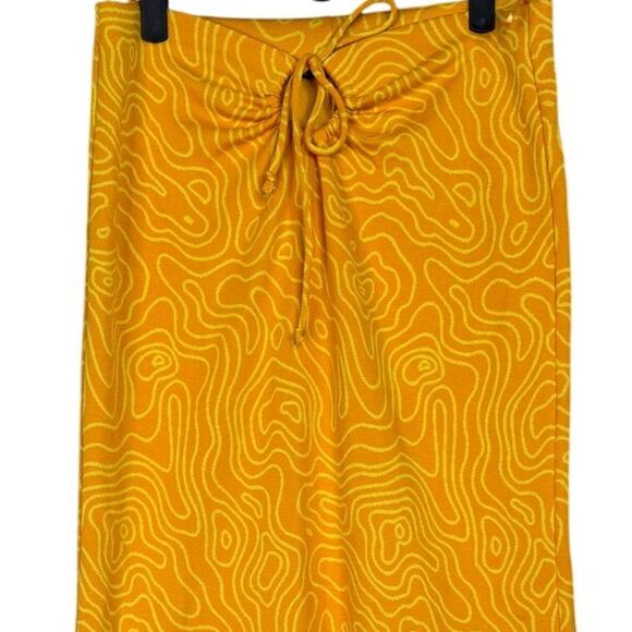 ZARA Abstract Printed Keyhole Cutout Tie High Waist Midi Skirt M Orange Yellow - Picture 4 of 15